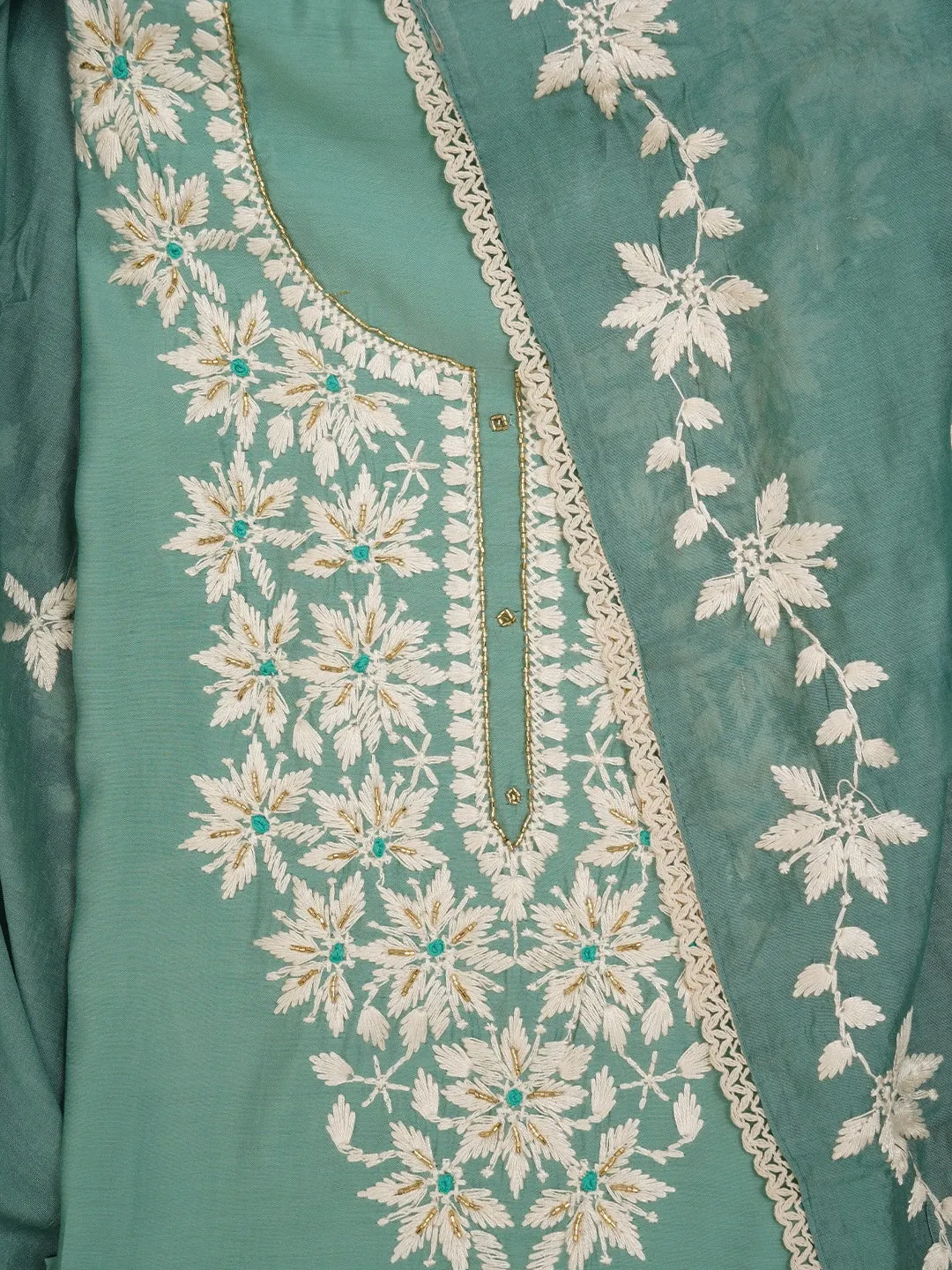 Sea Green Black Floral Printed Embroidered Dress Material with Dupatta