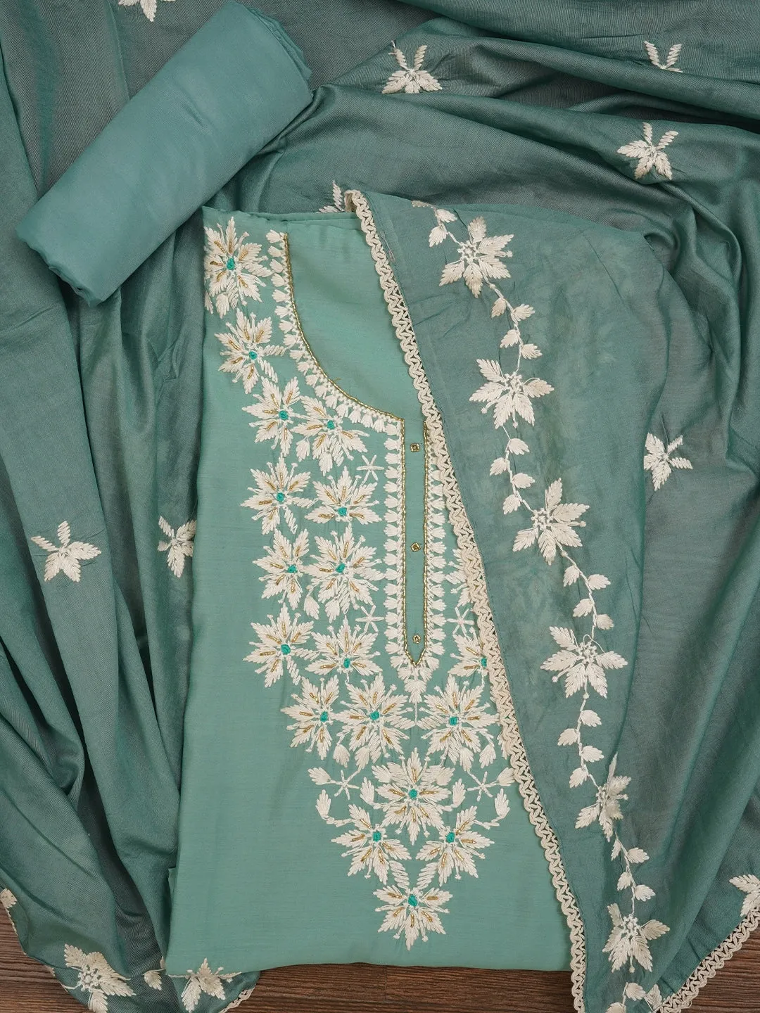 Sea Green Black Floral Printed Embroidered Dress Material with Dupatta