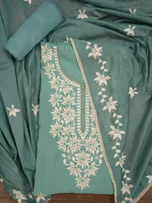 Sea Green Black Floral Printed Embroidered Dress Material with Dupatta