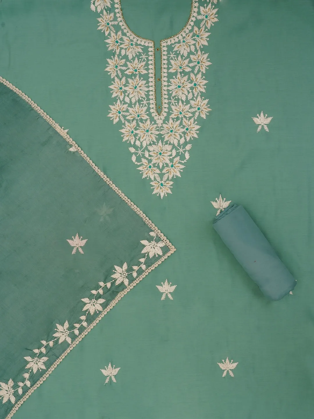Sea Green Black Floral Printed Embroidered Dress Material with Dupatta