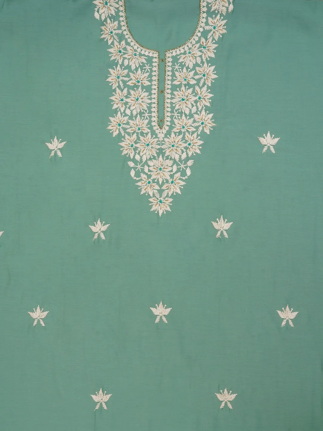Sea Green Black Floral Printed Embroidered Dress Material with Dupatta