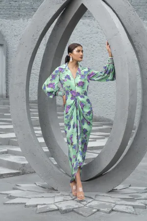 Sea Green Printed Draped Dress