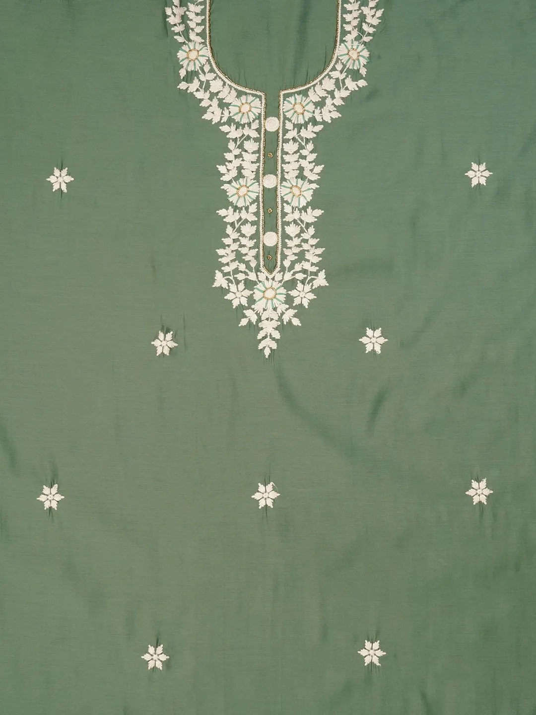 Sea Green Pure Silk Lucknowi Embroidered Dress Material with Dupatta