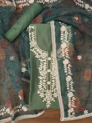 Sea Green Pure Silk Lucknowi Embroidered Dress Material with Dupatta