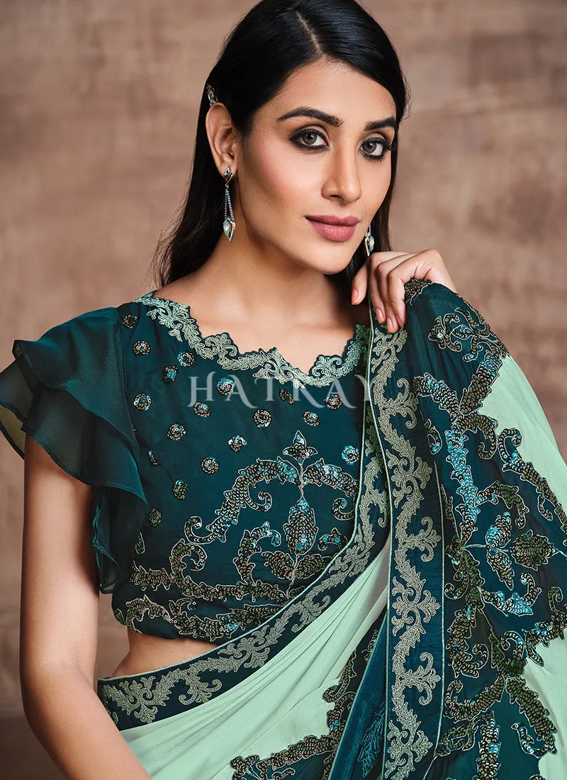 Sea Green Traditional Zari Embroidered Party Wear Saree