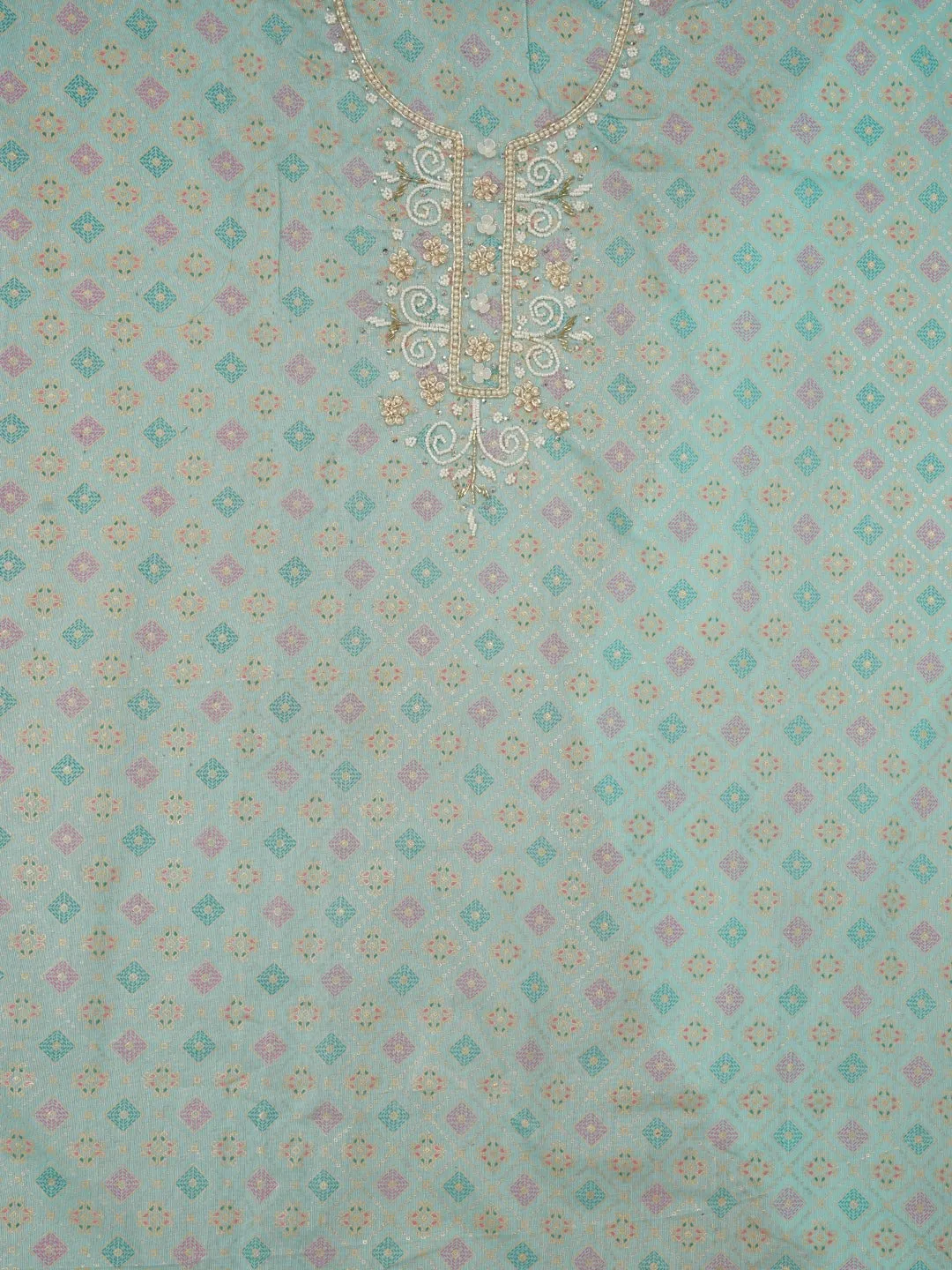 Sea Green Unstitched Embellished Cotton Blend Dress Material with Dupatta