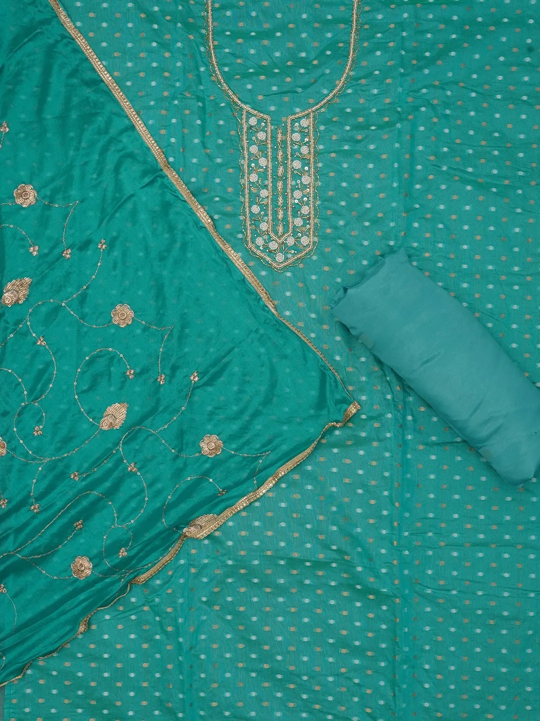 Sea Green Zari Pure Cotton Dress Material with Dupatta