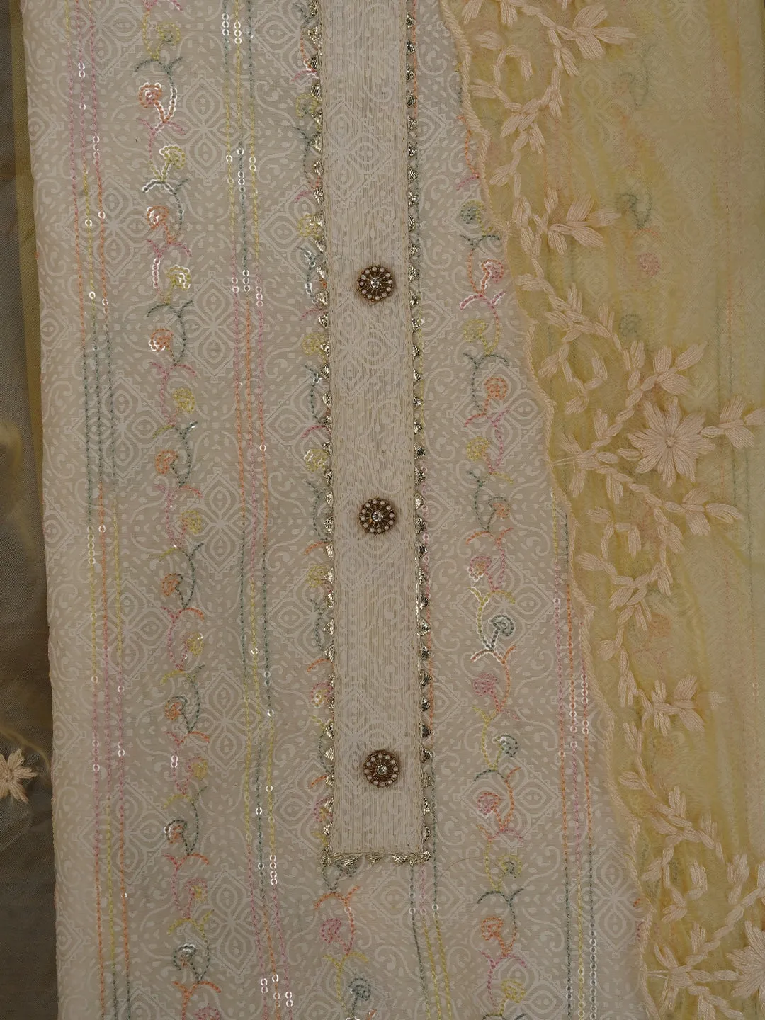 Sequin Embroidered Silk Blend Off White Dress Material with Dupatta