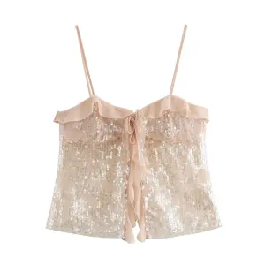 Sequin Spaghetti Strap Ruffled Lace Top