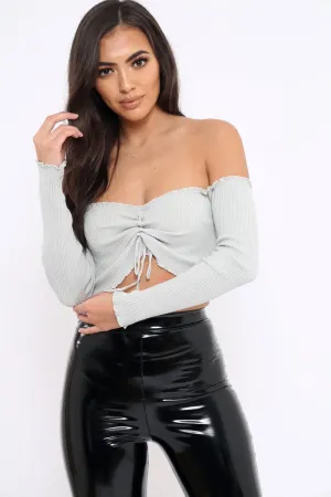 Silver Gathered Middle Bardot Crop Top - Sally