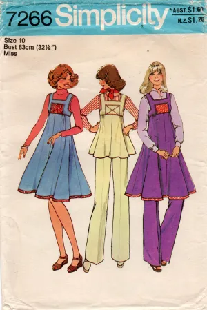 Simplicity 7266 Womens Pinafore Tent Dress or Top & Wide Leg Pants 1970s Vintage Sewing Pattern Size 10 UNCUT Factory Folded