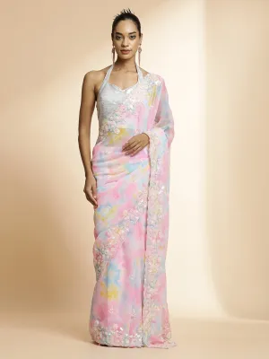 Sky Blue Sequin Embellished Georgette Heavy Saree