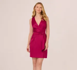 Sleeveless Satin Draped Short Dress In Magenta