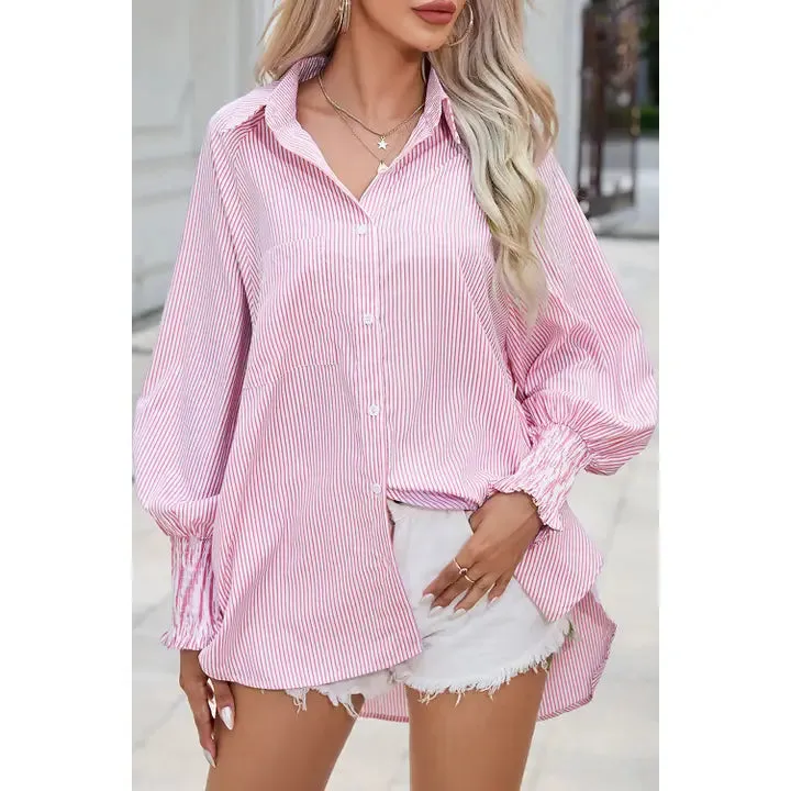 Smocked Cuff Striped Boyfriend Top