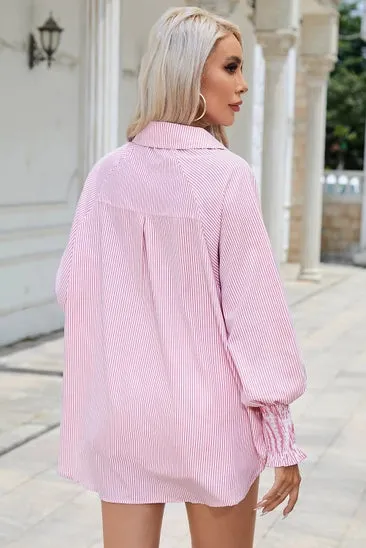 Smocked Cuff Striped Boyfriend Top