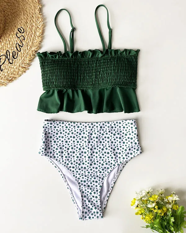 Smocked Ruffled High Waisted Bikini Sets