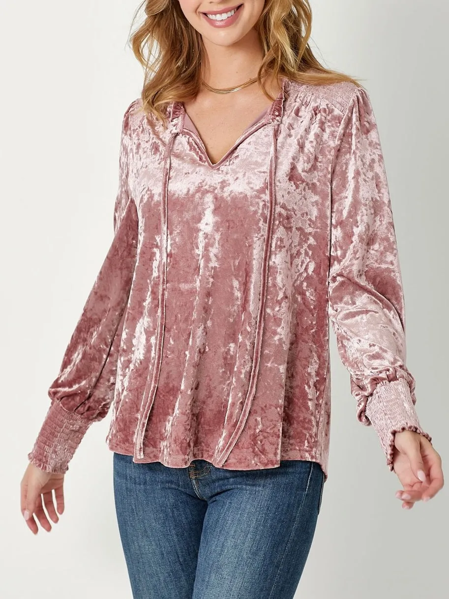 Smocked Velvet Top - Mauve