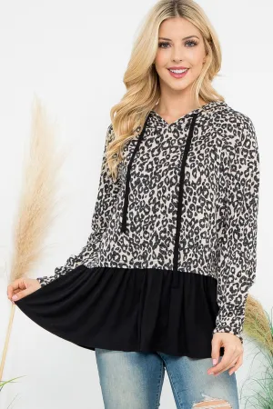 Solid Hem Animal Print Hoodie Top