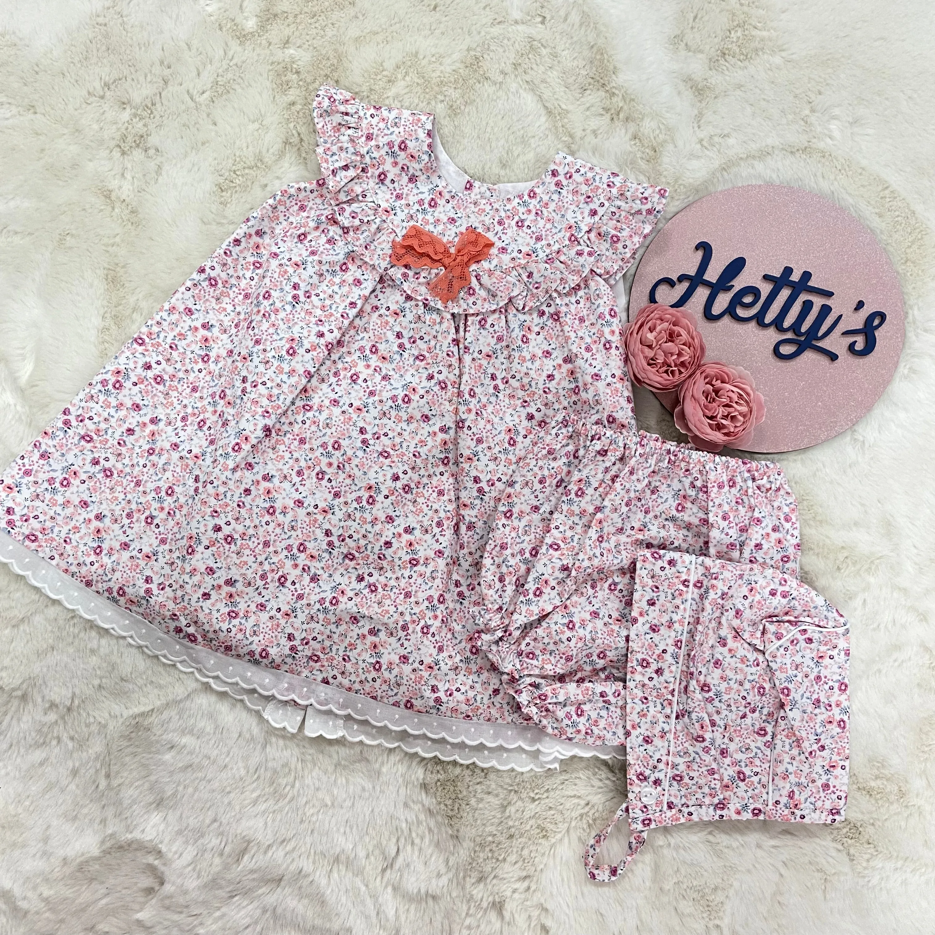 Spanish Boutique Floral Dress With Pants and Bonnet