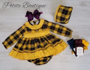 Spanish navy/mustard dress, pants & bonnet set