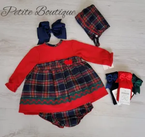 Spanish navy/red check dress, pants & bonnet set