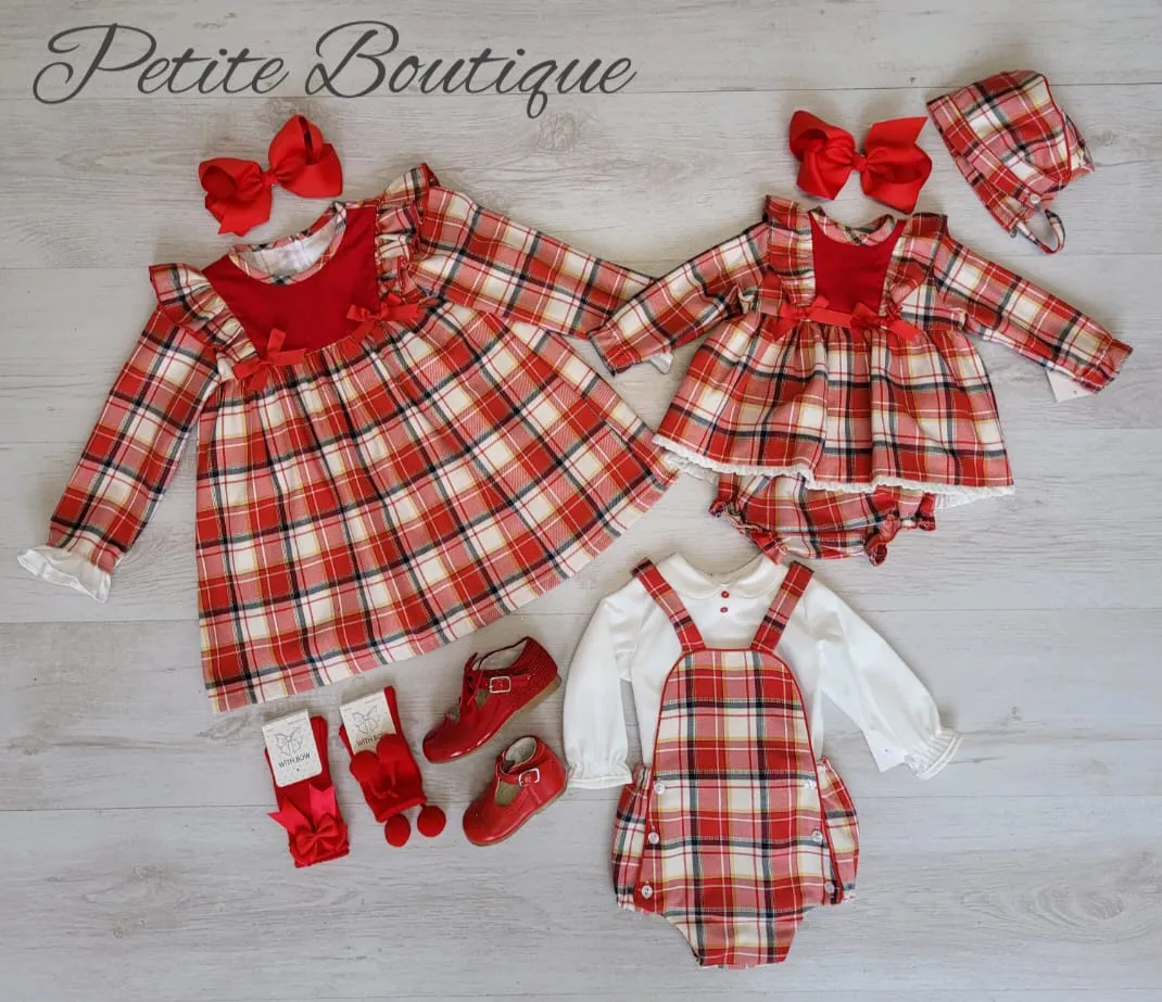 Spanish red check dress, pants & bonnet