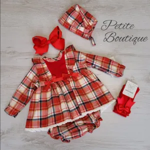 Spanish red check dress, pants & bonnet