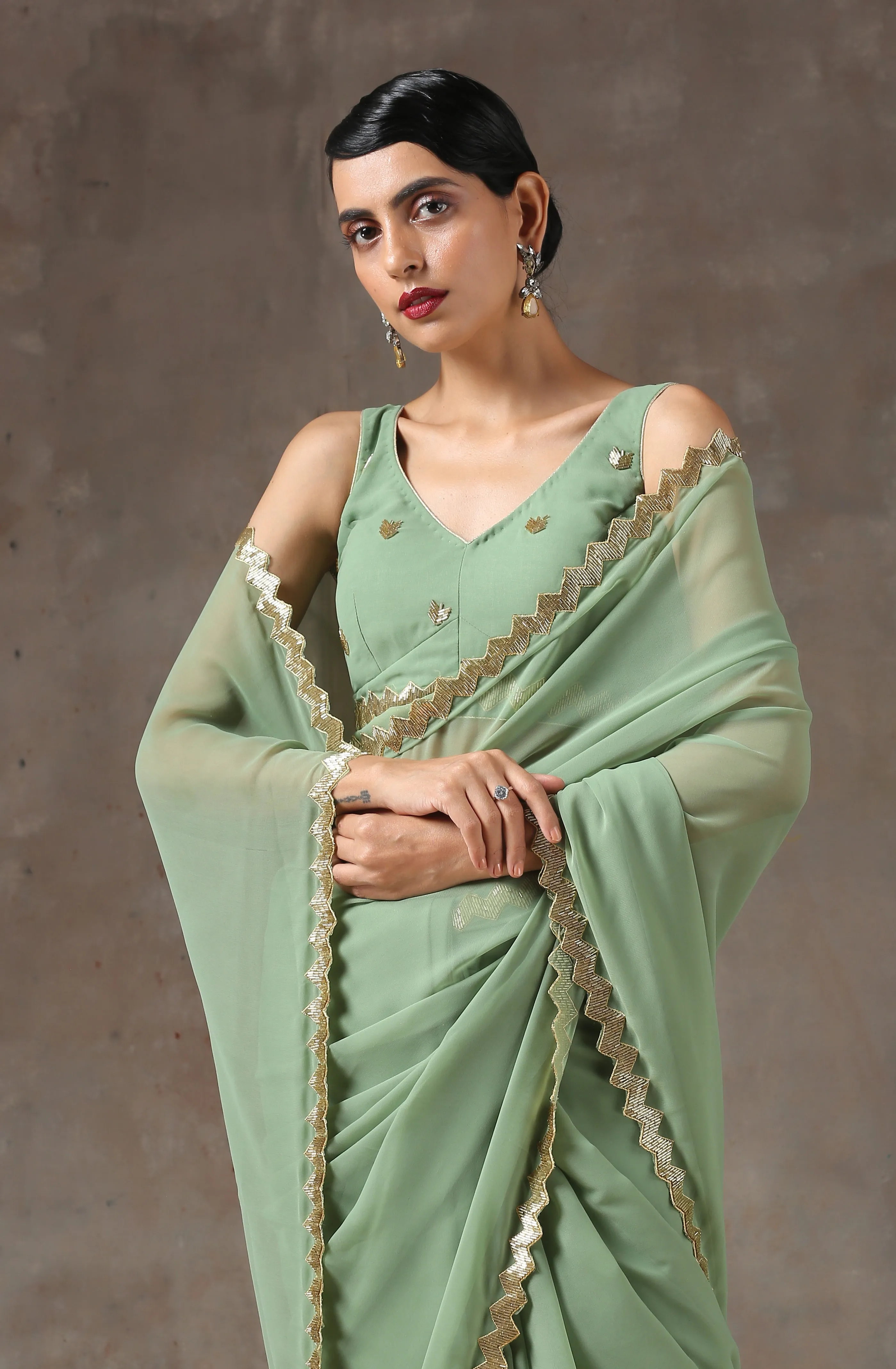 Sparking Henna Saree with Gold Sequins & Embellished Blouse