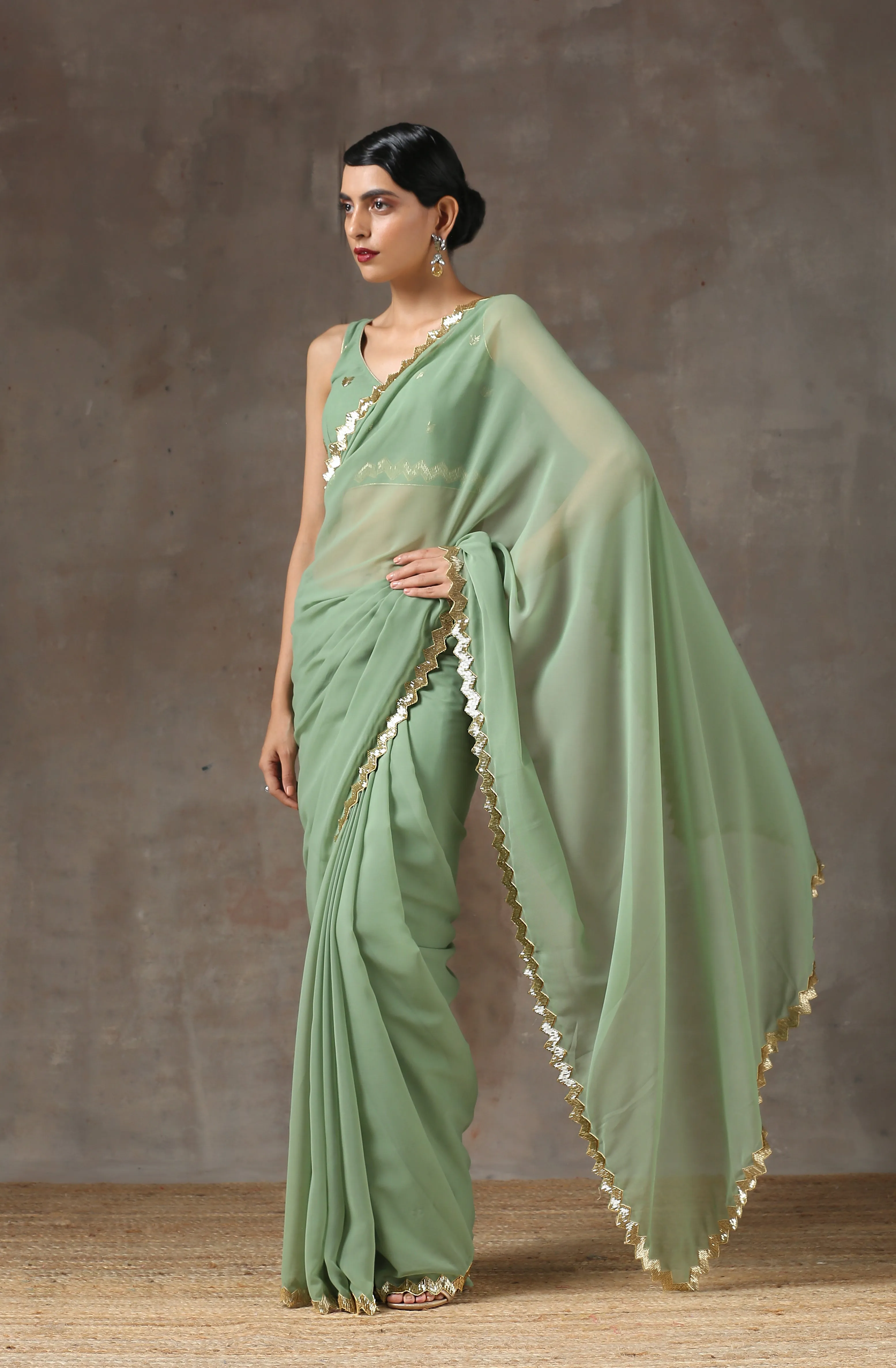 Sparking Henna Saree with Gold Sequins & Embellished Blouse