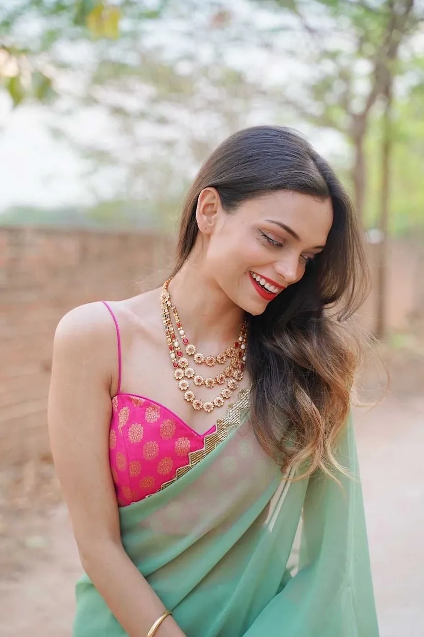 Sparking Henna Saree with Gold Sequins & Embellished Blouse