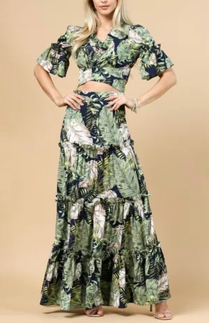 Spring Flower Print 2 Piece Maci Skirt Set
