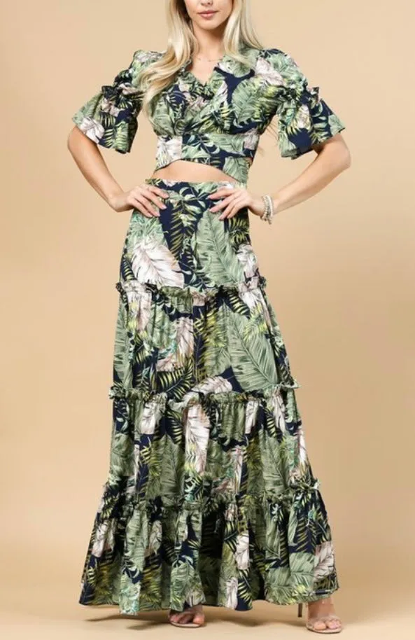 Spring Flower Print 2 Piece Maci Skirt Set