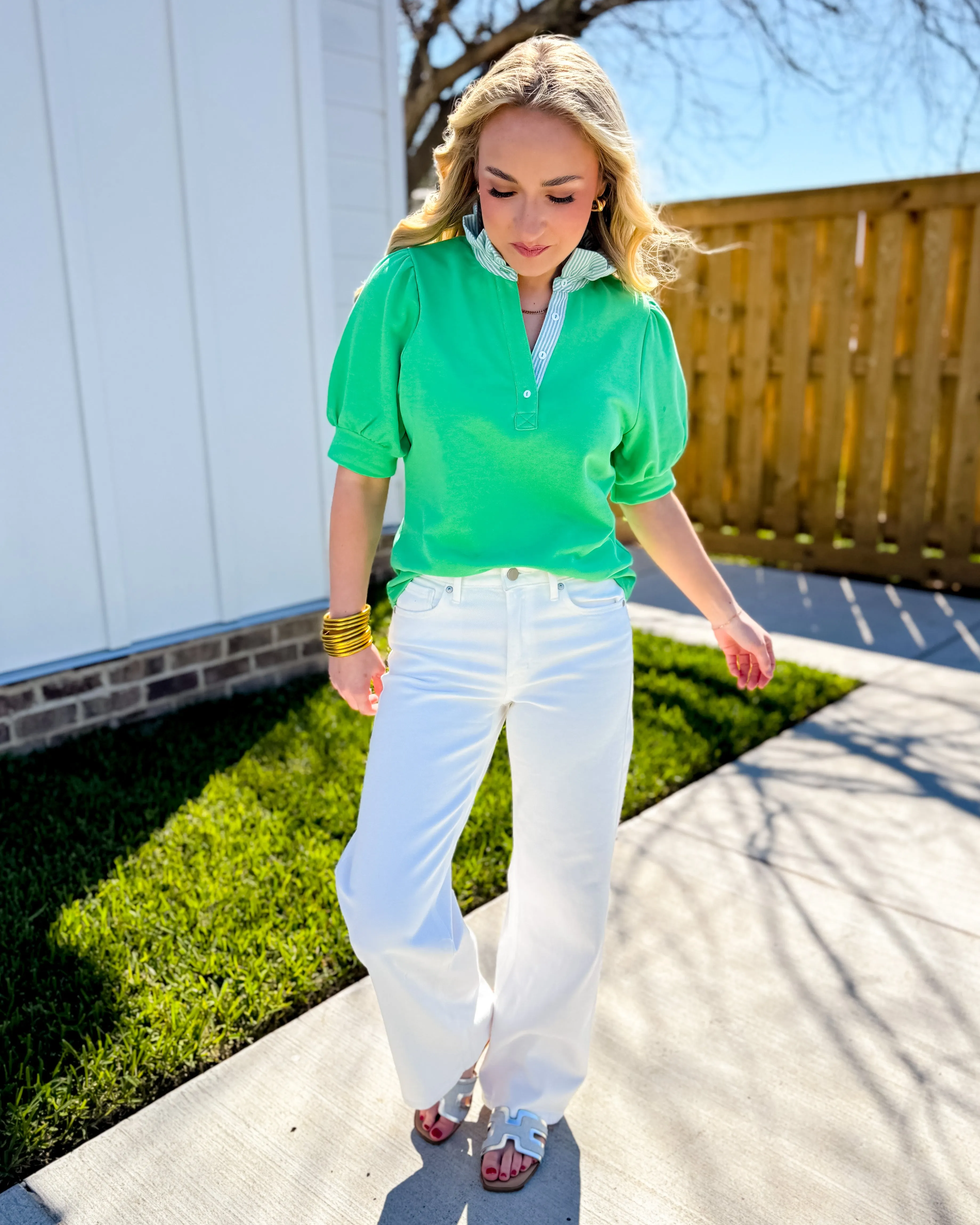 Striped and Solid Ruffled Neck Top in Green