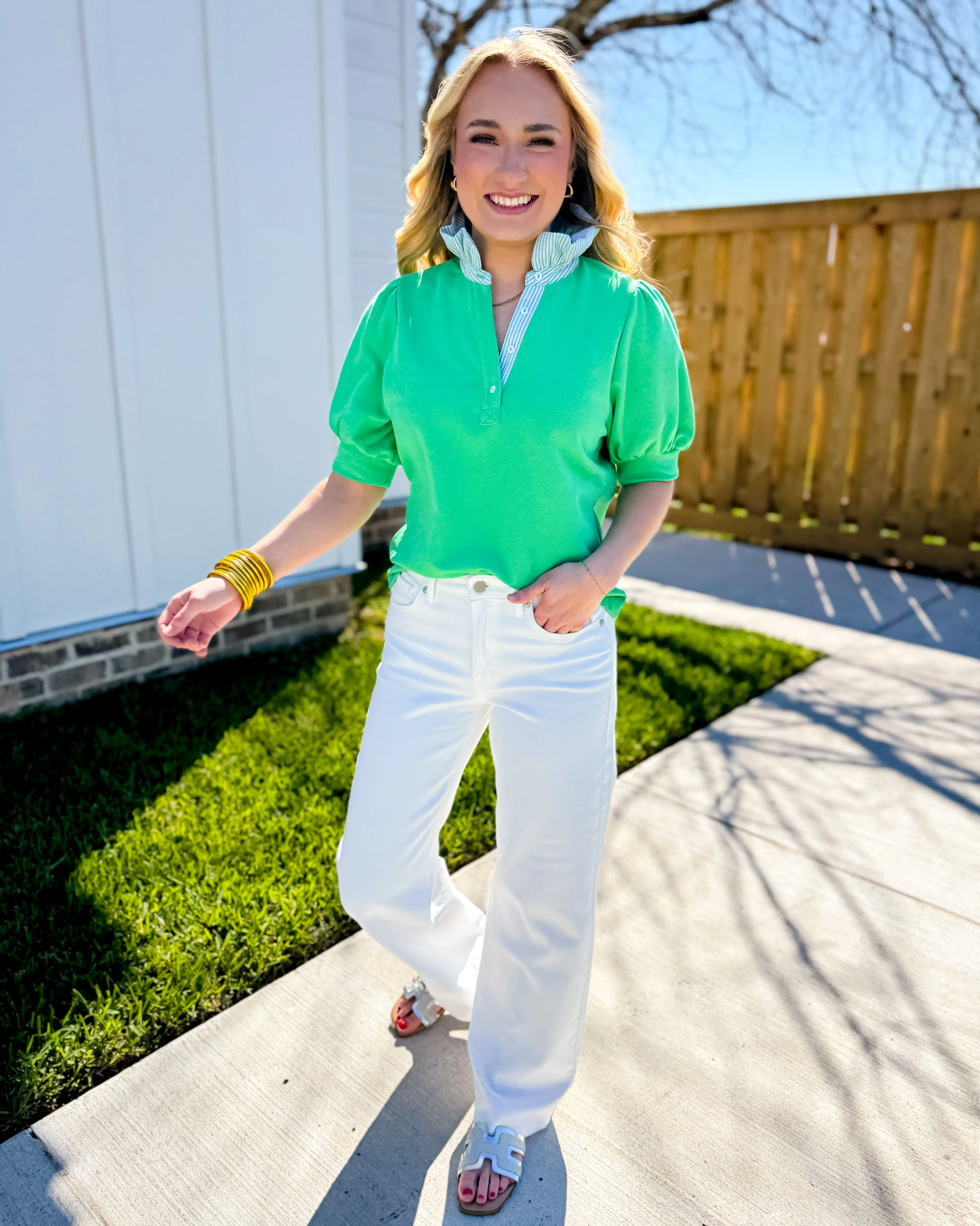 Striped and Solid Ruffled Neck Top in Green