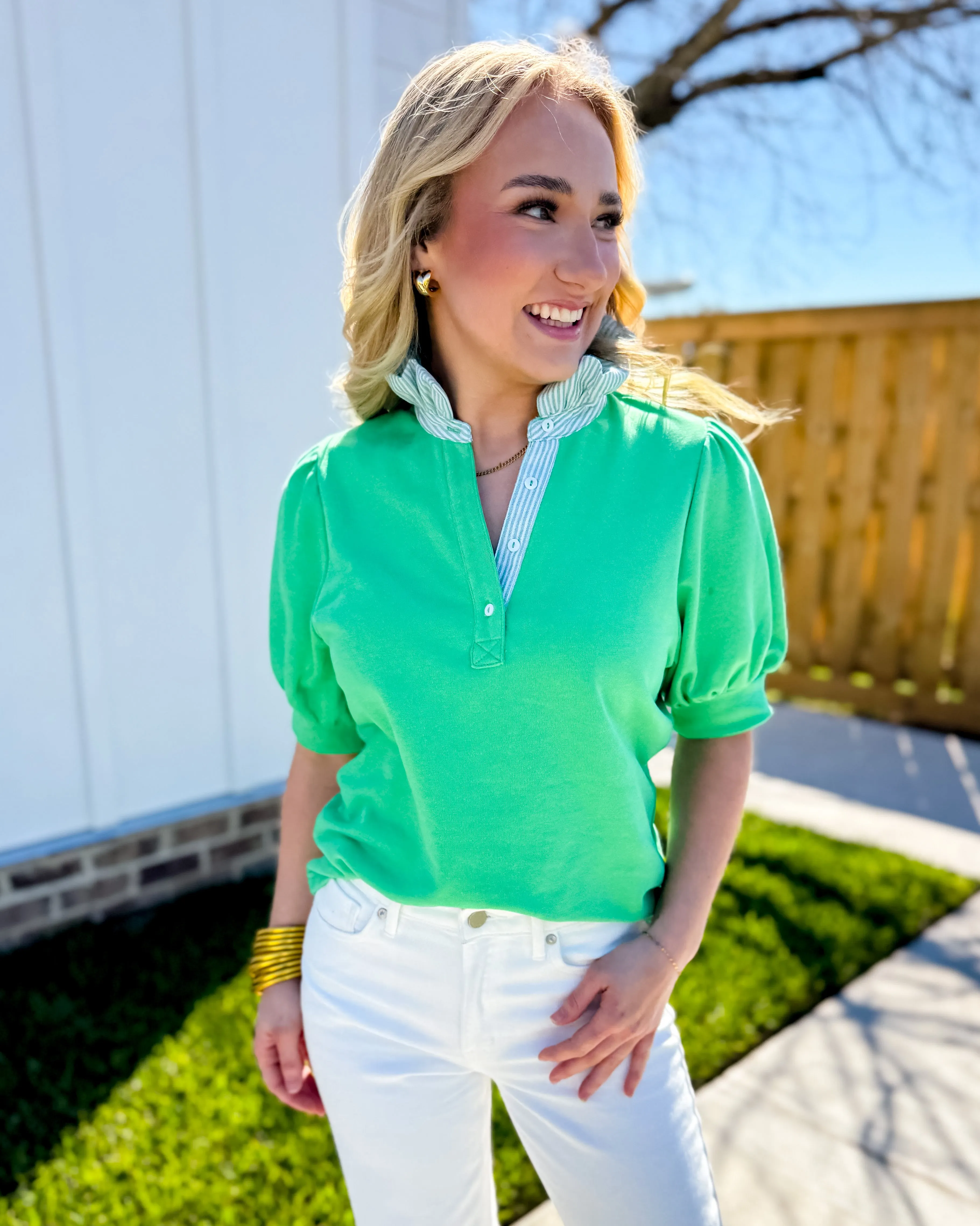 Striped and Solid Ruffled Neck Top in Green