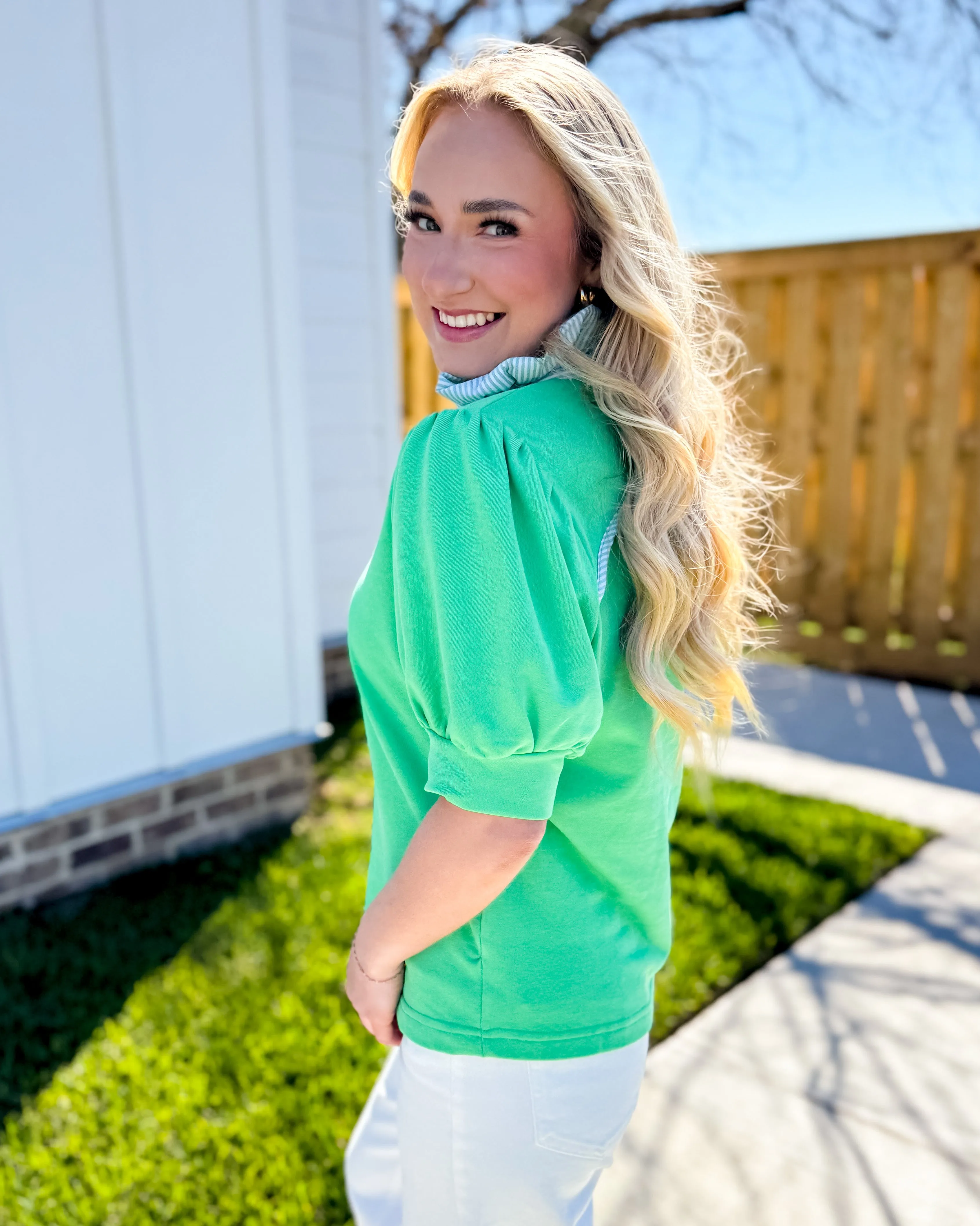 Striped and Solid Ruffled Neck Top in Green