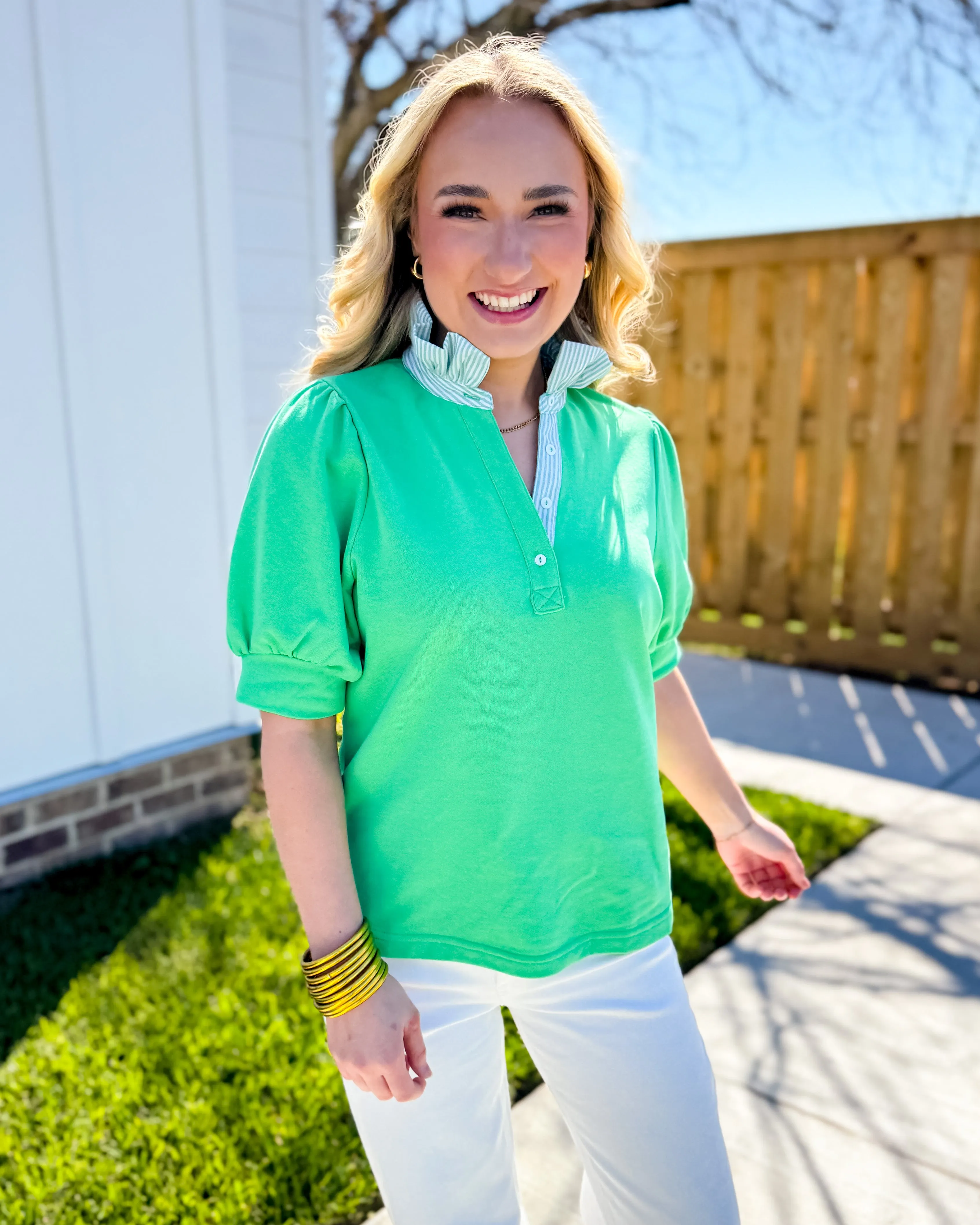Striped and Solid Ruffled Neck Top in Green