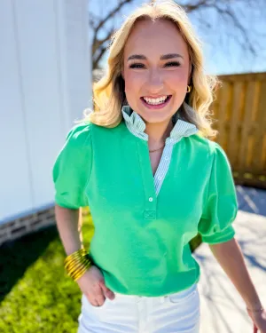 Striped and Solid Ruffled Neck Top in Green