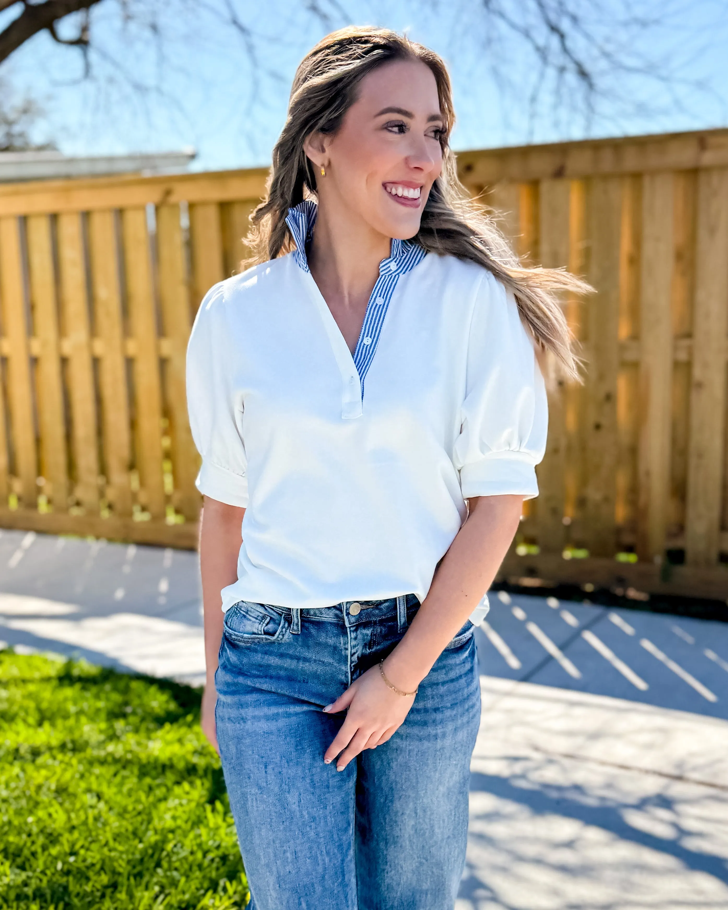Striped and Solid Ruffled Neck Top in Off White