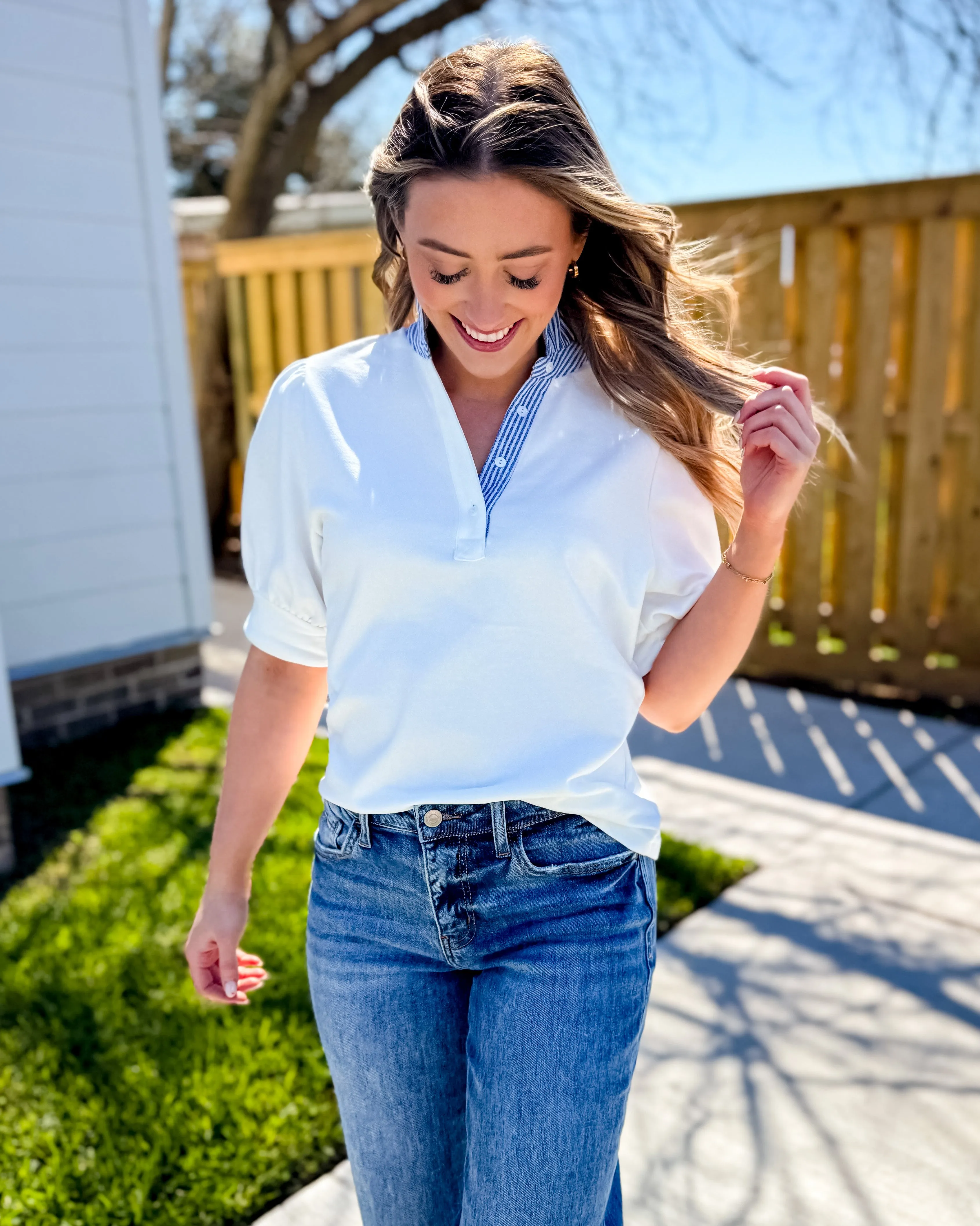 Striped and Solid Ruffled Neck Top in Off White
