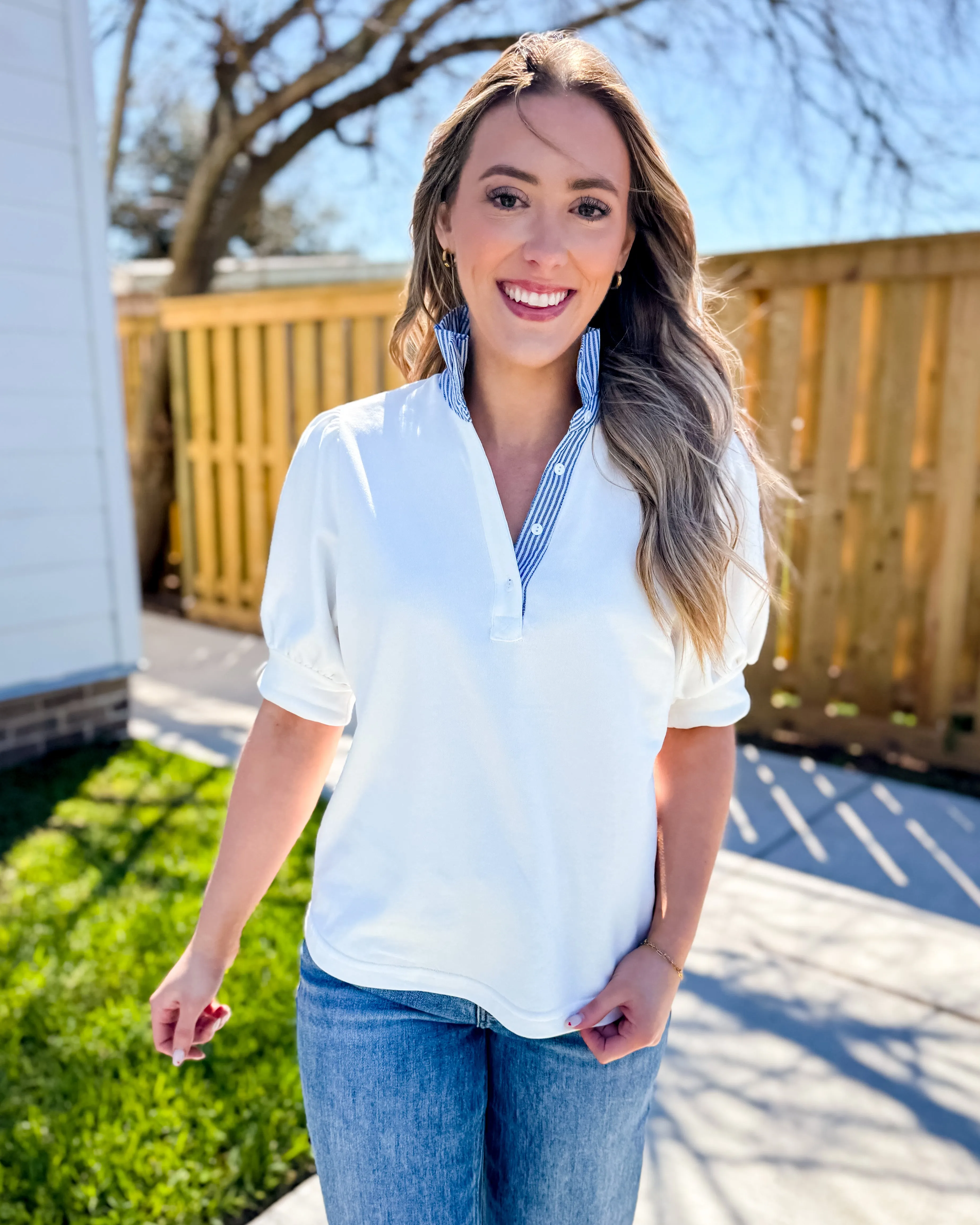 Striped and Solid Ruffled Neck Top in Off White