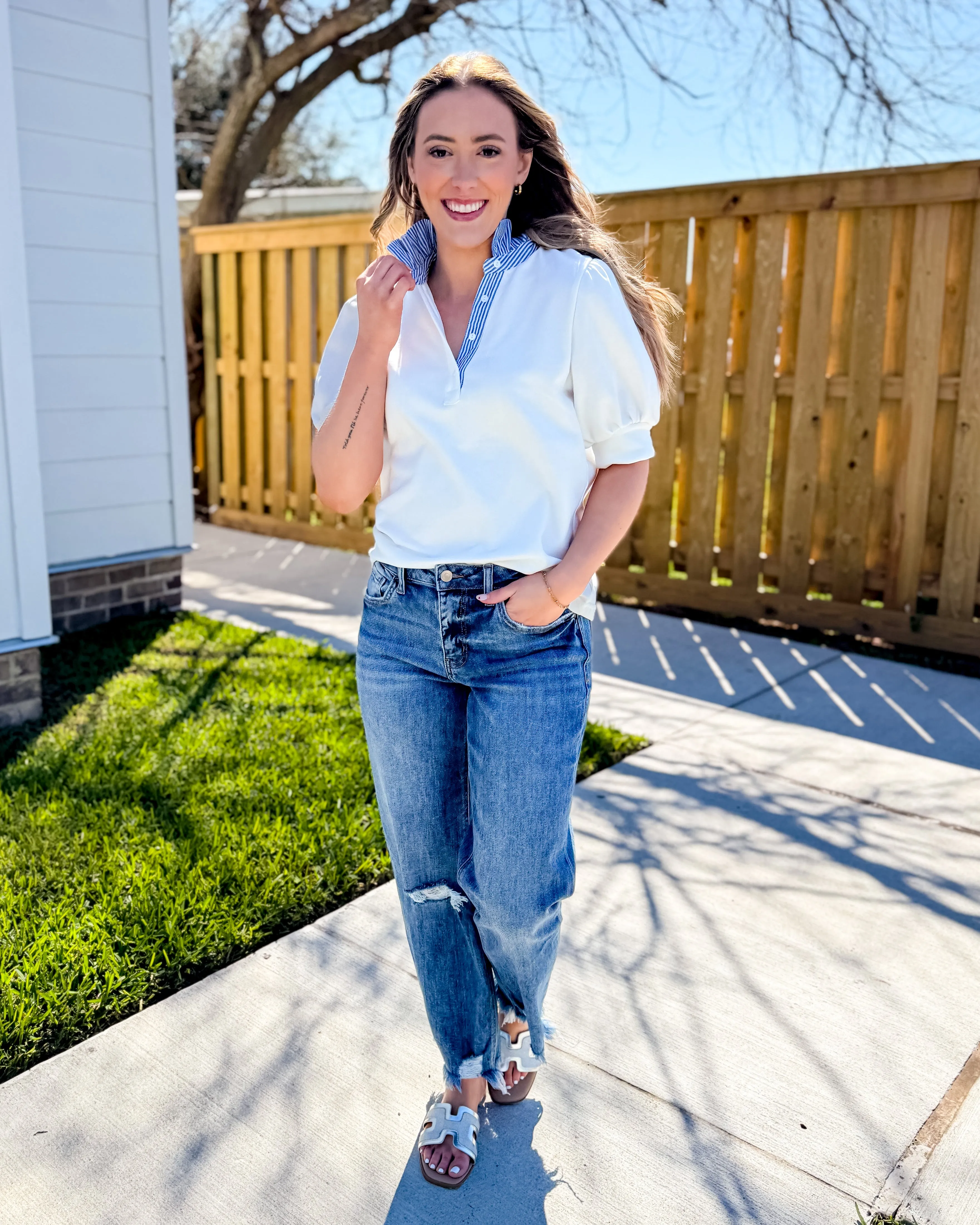 Striped and Solid Ruffled Neck Top in Off White