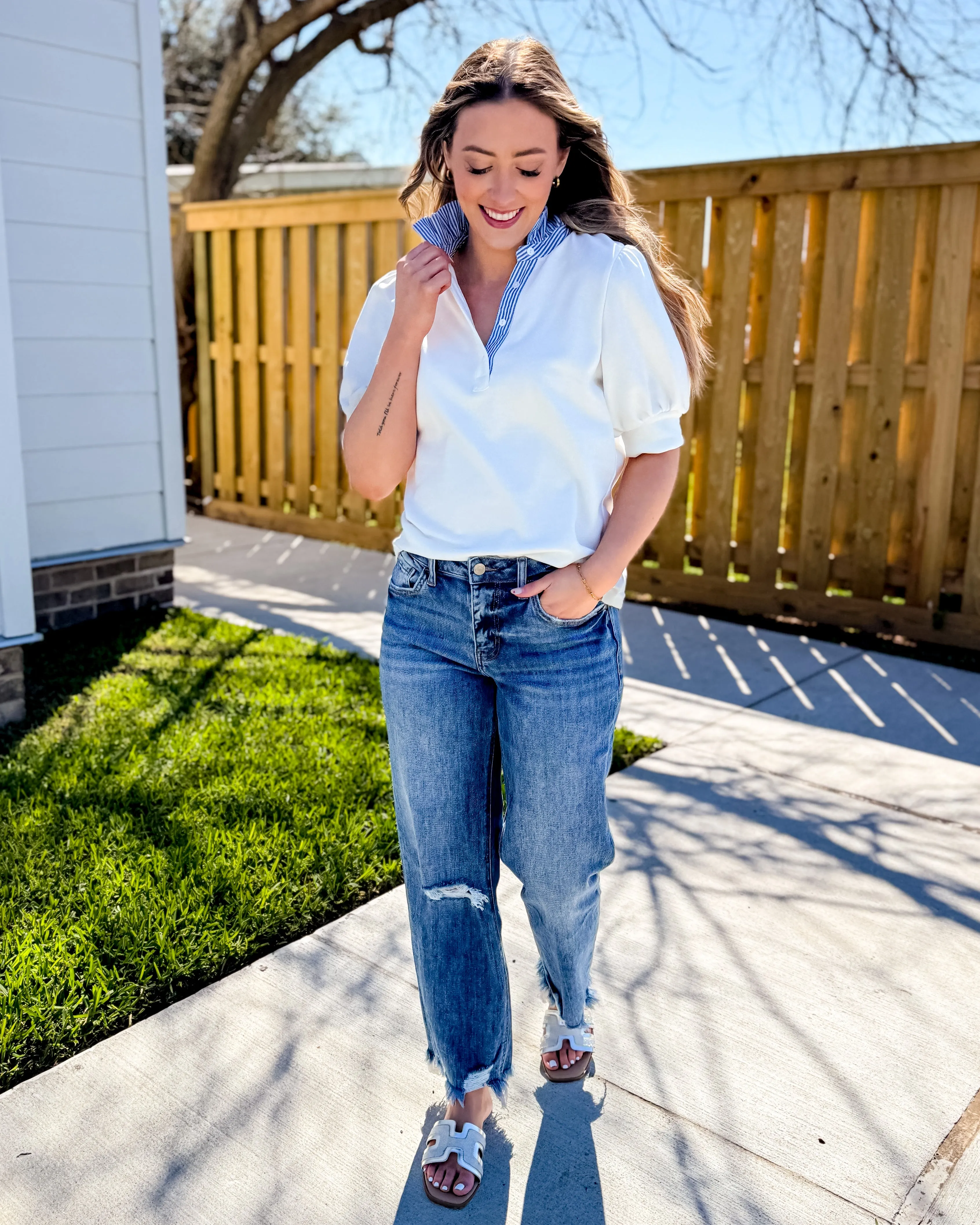 Striped and Solid Ruffled Neck Top in Off White