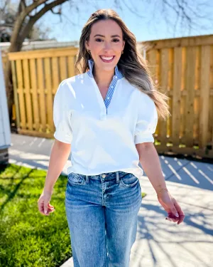 Striped and Solid Ruffled Neck Top in Off White