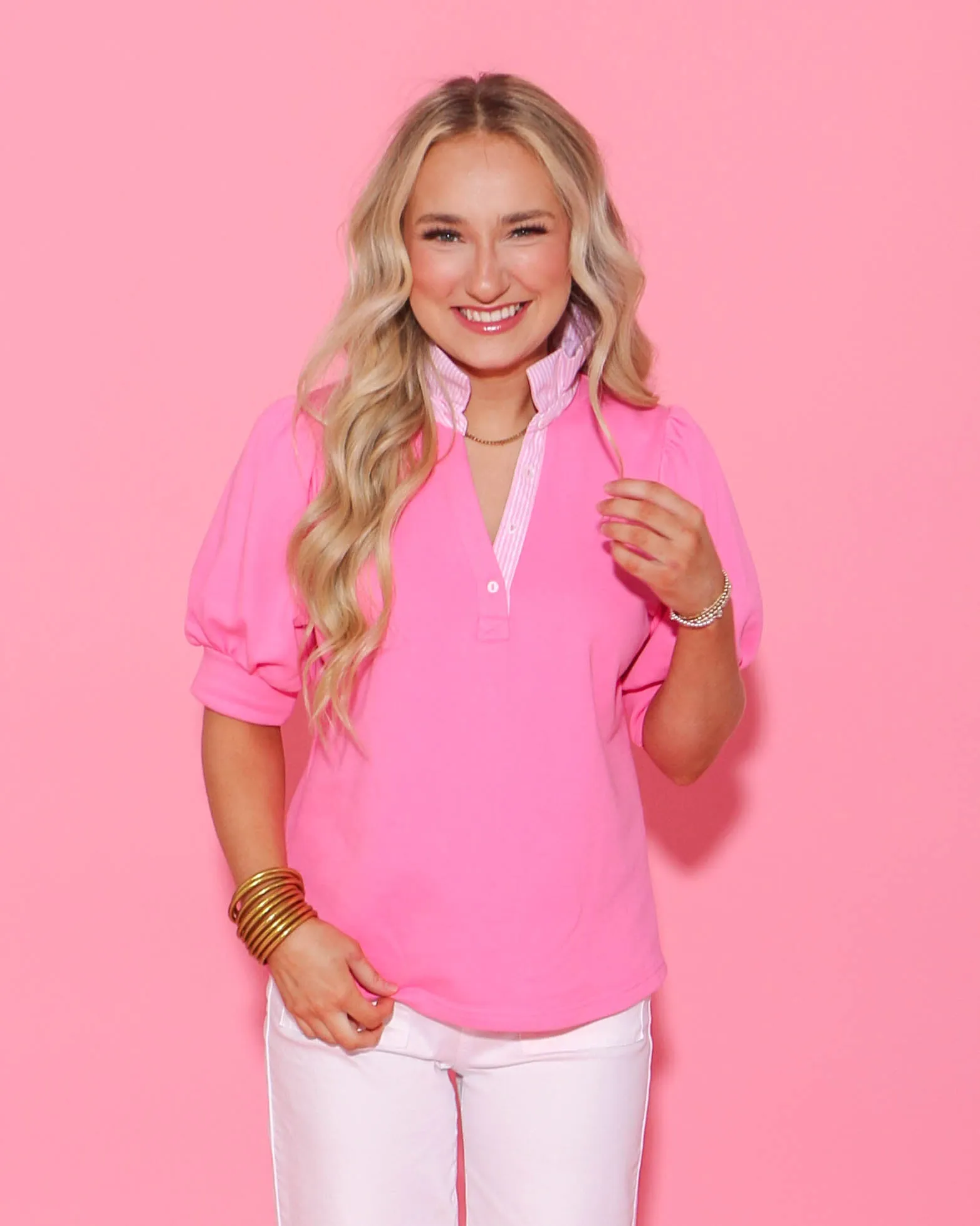 Striped and Solid Ruffled Neck Top in Pink