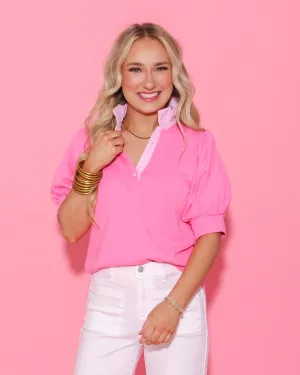 Striped and Solid Ruffled Neck Top in Pink