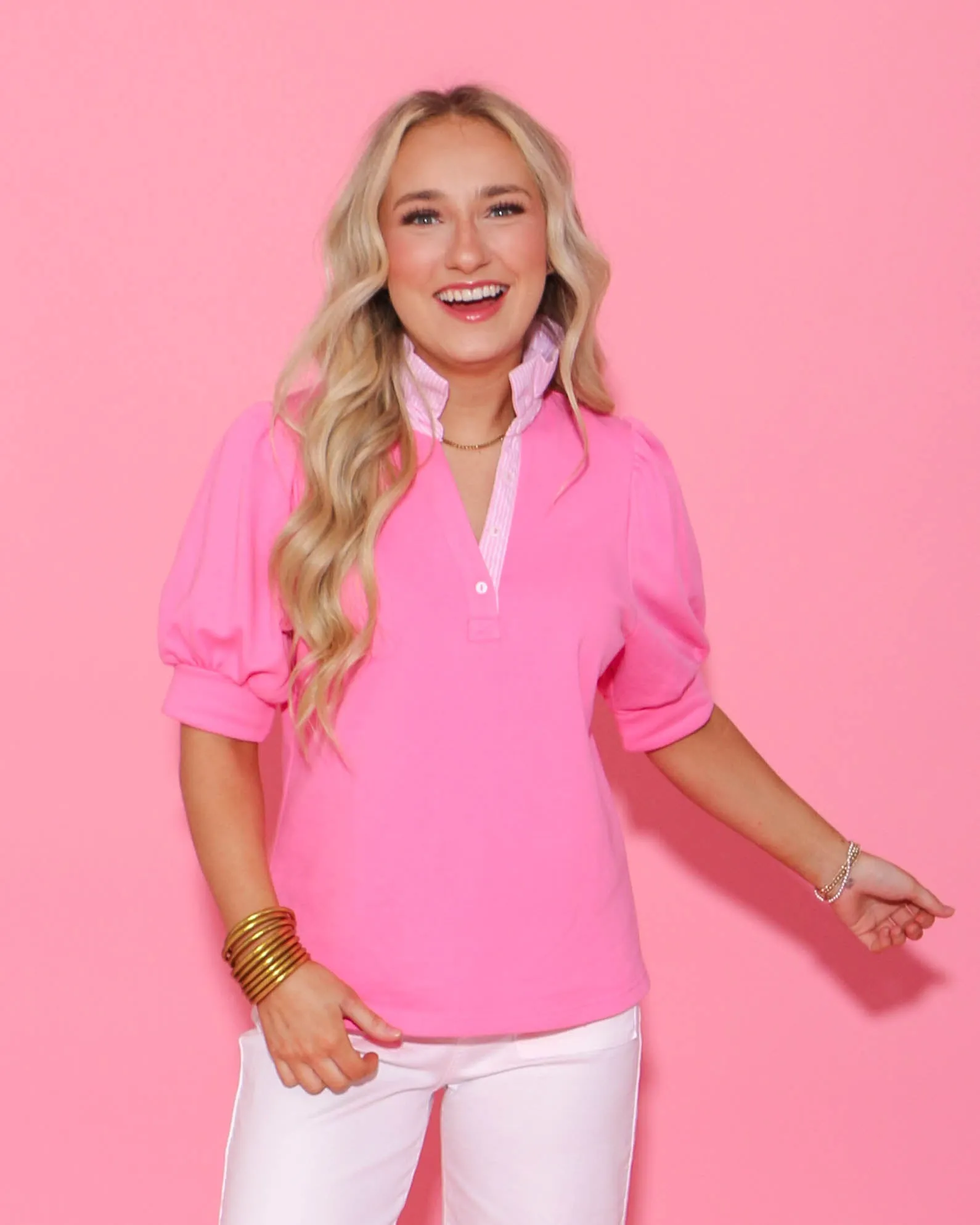 Striped and Solid Ruffled Neck Top in Pink