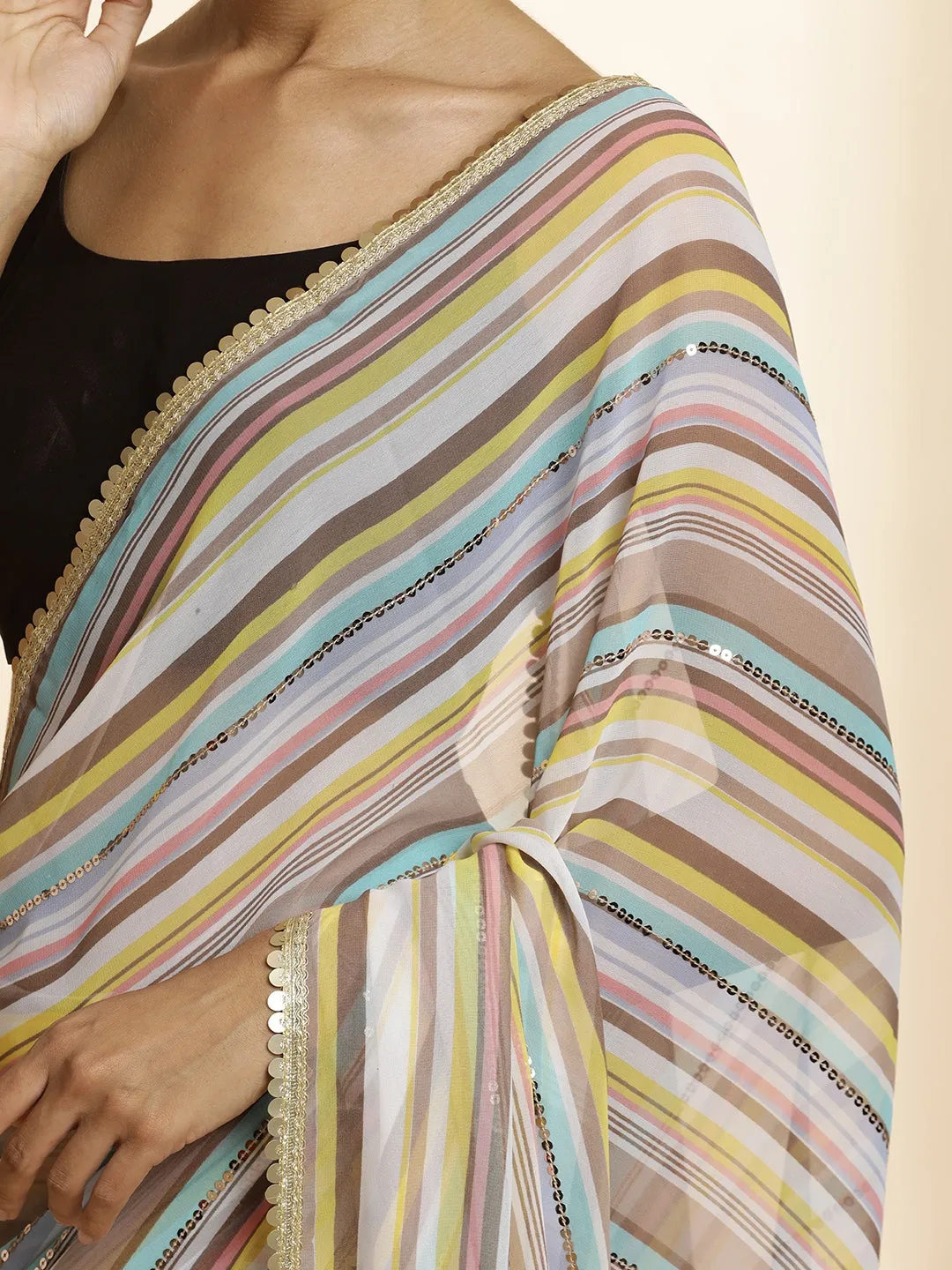 Striped Sequin Embellished Festive Brown Saree