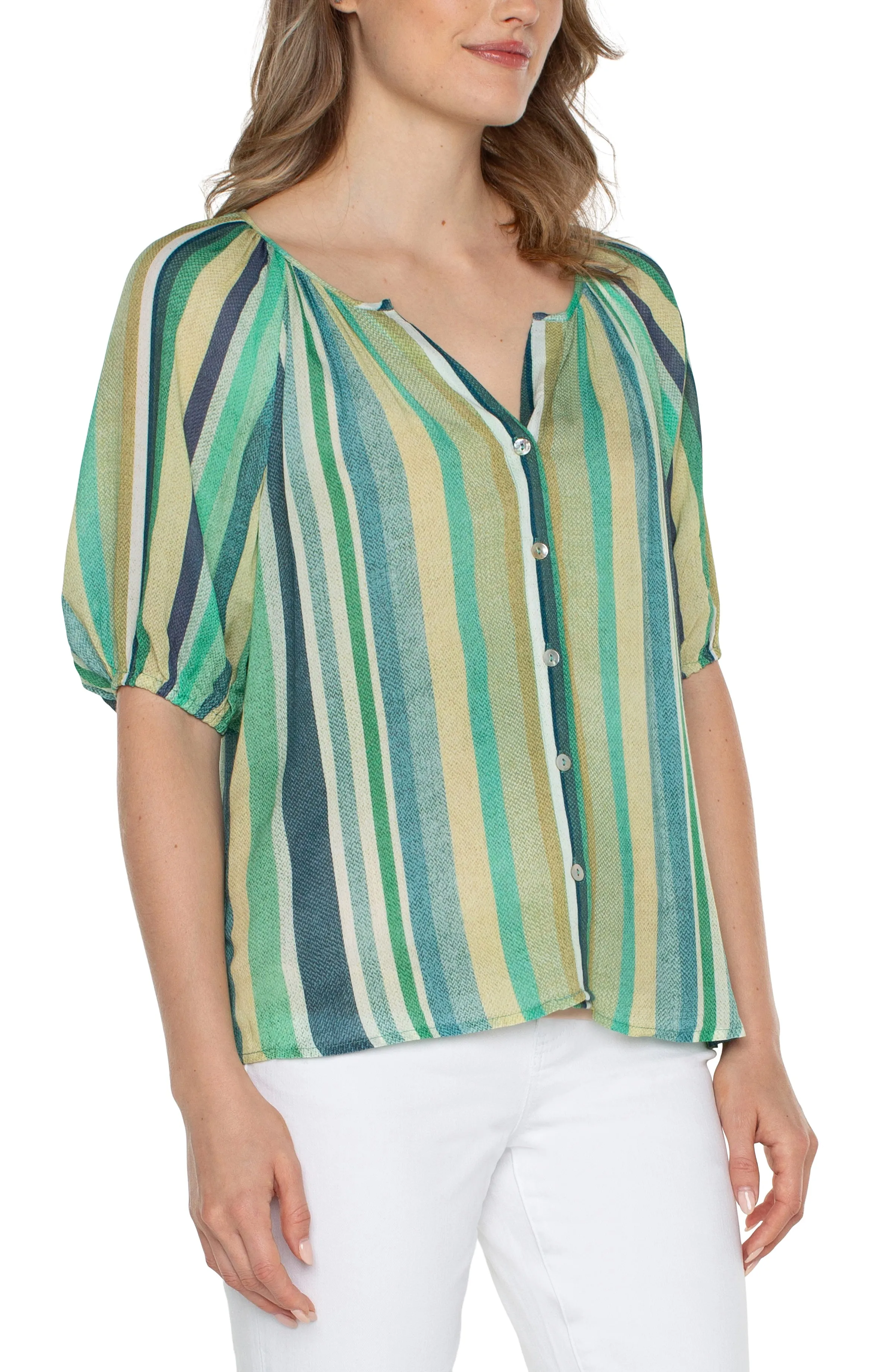 Striped Short Elastic Slv Button Down Top