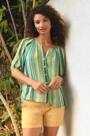 Striped Short Elastic Slv Button Down Top
